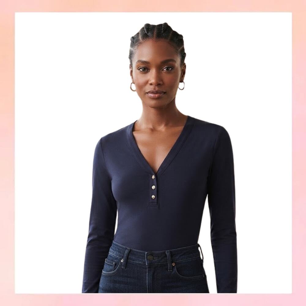 Free Assembly Black Ribbed Long Sleeve V-Neck Henley Top Size XS (0-2)